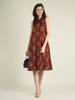 SPARSA - Maroon Printed Sleeveless A-Line Cotton Dress