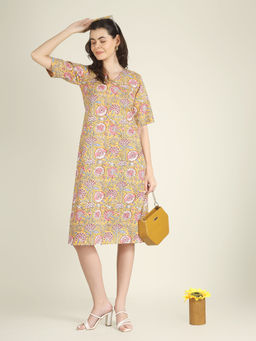 SPARSA - Yellow Printed Half-Sleeve V-Neck A-Line Cotton Dress