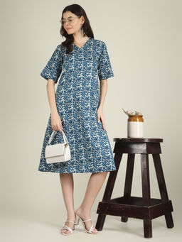 SPARSA - Blue Printed Half-Sleeve V-Neck A-Line Cotton Dress