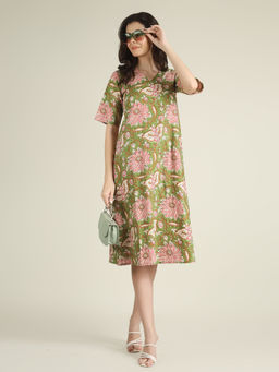 SPARSA - Green Printed Half-Sleeve V-Neck A-Line Cotton Dress