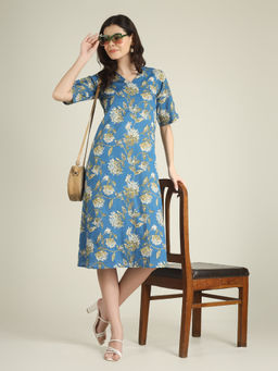 SPARSA - Blue Printed Half-Sleeve V-Neck A-Line Cotton Dress