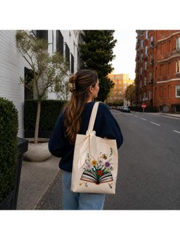 MasQ - Floral Book Beige Tote Bag with Bow Ribbon