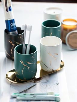 UMAI - Ceramic Toothbrush Holder - White & Green (Pack of 2)