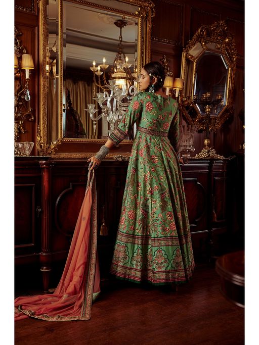 green emerald velvet dress Buy Anarkali Peacock Handwork Suit Set | Ideal for Pooja & Festive Events&  Cultural Events|Trendy Anarkali Suit Set|Bunaai Handloom Green Anarkali  Peacock Handwork (dress)Suit Set main image 1