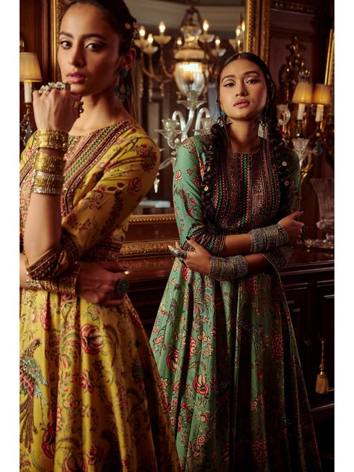 slim fit dress slacks Kalista | Bageecha Yellow Peacock Anarkali with Dupatta