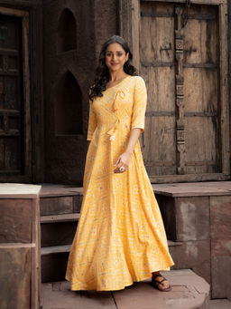 Vinya - Yellow Bandini Print Fit & Flare Maxi Dress