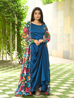 Vinya - Teal Solid Drape Maxi Dress With Jacket (Set of 2)