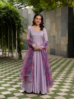 Vinya - Lavender Solid Silk Georgette Anarkali With Embroidered Organza Dupatta (Set of 2)