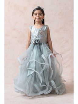 THETAA - Mist Blue Brocade Silk Ruffled Net Gown With Hair Band
