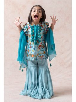 THETAA - Aqua Island Dupion Silk Blue Kurta With Gharara And Dupatta