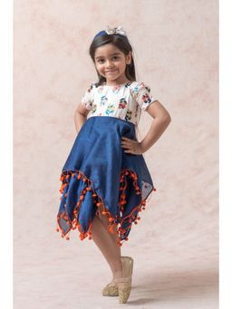 THETAA - Hand Embroidered Navy Blue Knee Length Dress With Hairband