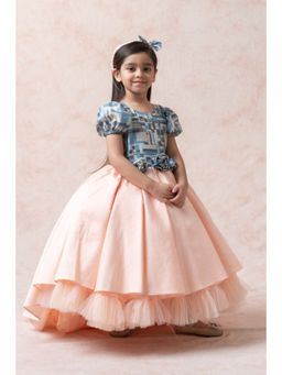 THETAA - Casal Peach Printed Princess Silk Gown With Hairband