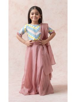 THETAA - Cotton Silk Printed Pink Choli With Lehenga And Ruffle Dupatta