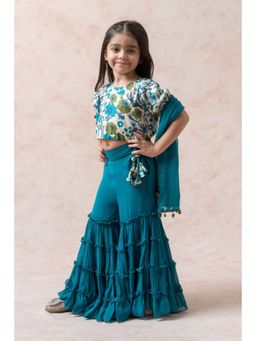 THETAA - Teal Blue Tussar Silk Crop Top With Gharara And Dupatta