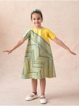 THETAA - Stripes Paneled Yellow Midi Dress With Hairband