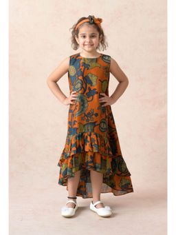 THETAA - Chanderi Silk Floral Print Flared Orange Midi Dress With Hairband