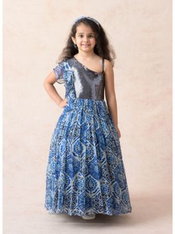 THETAA - Modern Floral Print Chiffon Gathered Blue Maxi Dress With Hairband