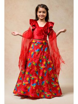 THETAA - Hand Embroidered Red Lehenga With Blouse And Dupatta