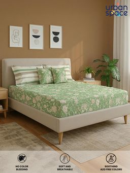Urban Space - Cotton Double Bedsheet, 2 Pillow Covers & 2 Cushion Covers, Green