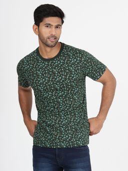 Greenfibre - Men's Bottle Green Printed Slim Fit Cotton T-Shirt