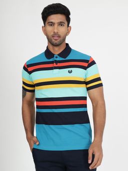 Greenfibre - Men's Multicolor Striped Cotton Blend Slim Fit Polo T-Shirt