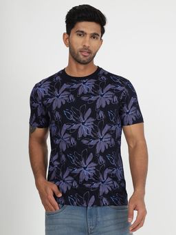 Greenfibre - Men's Navy Blue Cotton Blend Slim Fit Floral Printed T-Shirt