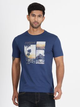 Greenfibre - Men's Blue Cotton Blend Slim Fit Graphic Printed T-Shirt