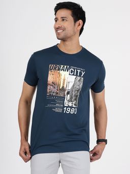 JadeBlue - Men's Navy Blue Graphic Printed Slim Fit Cotton T-Shirt