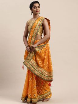 Vastranand - Yellow & Golden Printed Bandhani Saree with Unstitched Blouse