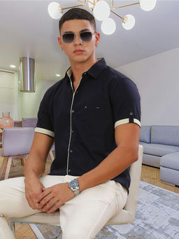 KUONS AVENUE - Men's Indigo Linen Cotton Casual Shirt