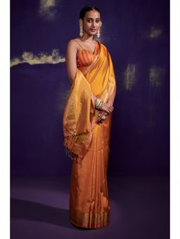 Dressfolk - Orange Silk Satin Saree with Wide Metallic Border without Blouse