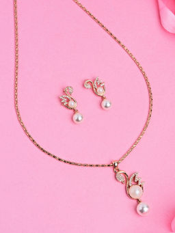 Estele - Rose Gold Plated CZ Pearl Swan Designer Necklace for Women (Set of 2)