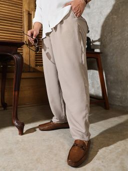 Instafab Plus - Men Oatmeal Beige Tailored Linen-Blend Trouser