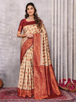 Janasya - Women's Beige Silk Blend Ethnic Motifs Woven Design Kanjivaram Saree with Unstitched Blouse