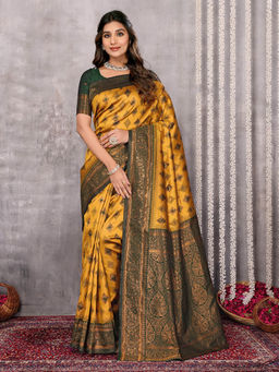Janasya - Women's Mustard Silk Blend Ethnic Motifs Woven Kanjivaram Saree with Unstitched Blouse