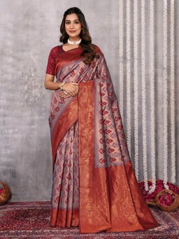 Janasya - Women's Grey Silk Blend Ethnic Motifs Woven Design Kanjivaram Saree with Unstitched Blouse