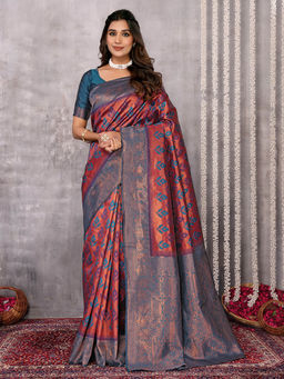 Janasya - Women's Red Silk Blend Ethnic Motifs Woven Design Kanjivaram Saree with Unstitched Blouse