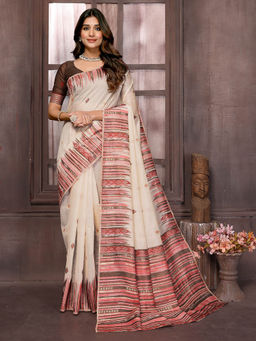 Janasya - Women's Beige Chanderi Geometric Woven Design Saree with Unstitched Blouse