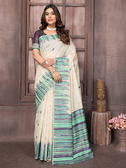 Janasya - Women's Beige and Blue Chanderi Geometric Woven Design Saree with Unstitched Blouse