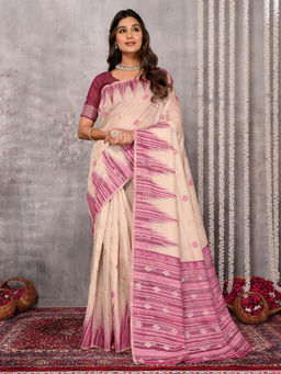 Janasya - Women's Beige Linen Blend Geometric Woven Design Saree with Unstitched Blouse