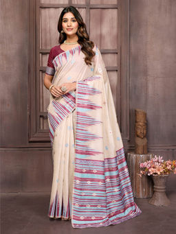 Janasya - Women's Beige and Wine Chanderi Geometric Woven Design Saree with Unstitched Blouse