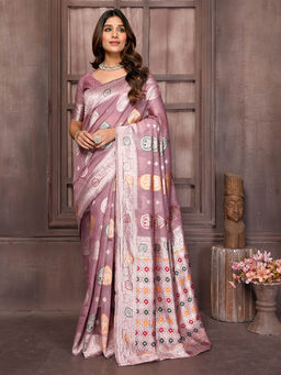 Janasya - Women's Mauve Linen Blend Ethnic Print Woven Design Saree with Unstitched Blouse