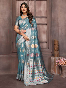 Janasya - Women's Teal Linen Blend Ethnic Motifs Woven Design Kanjivaram Saree with Unstitched Blouse