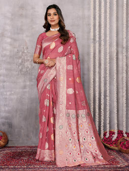 Janasya - Women's Pink Linen Blend Floral Woven Design Saree with Unstitched Blouse