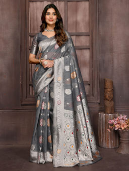 Janasya - Women's Grey Linen Blend Ethnic Motifs Woven Design Saree with Unstitched Blouse