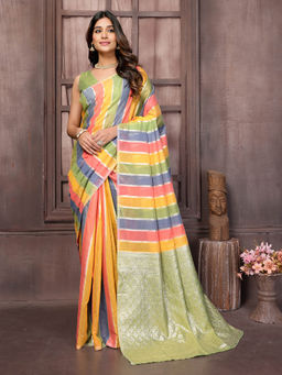 Janasya - Women's Multicolour Cotton Striped Woven Design Saree with Unstitched Blouse