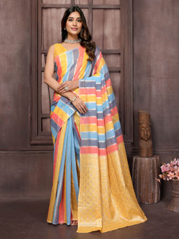 Janasya - Women's Multicolour Cotton Striped Woven Design Saree with Unstitched Blouse
