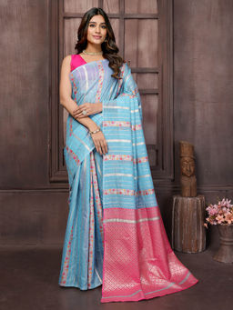 Janasya - Women's Light Blue Cotton Ethnic Print Woven Design Jacquard Saree with Unstitched Blouse