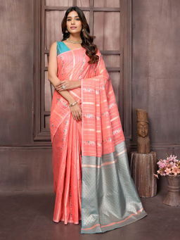 Janasya - Women's Peach Cotton Ethnic Print Woven Design Jacquard Saree with Unstitched Blouse