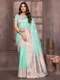 Janasya - Women's Green Linen Blend Paisley Woven Design Saree with Unstitched Blouse